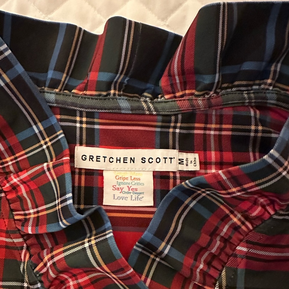 Gretchen Scott Designs Red, Black and Blue Plaid Ruffled Collar Blouse - Picture 2 of 4